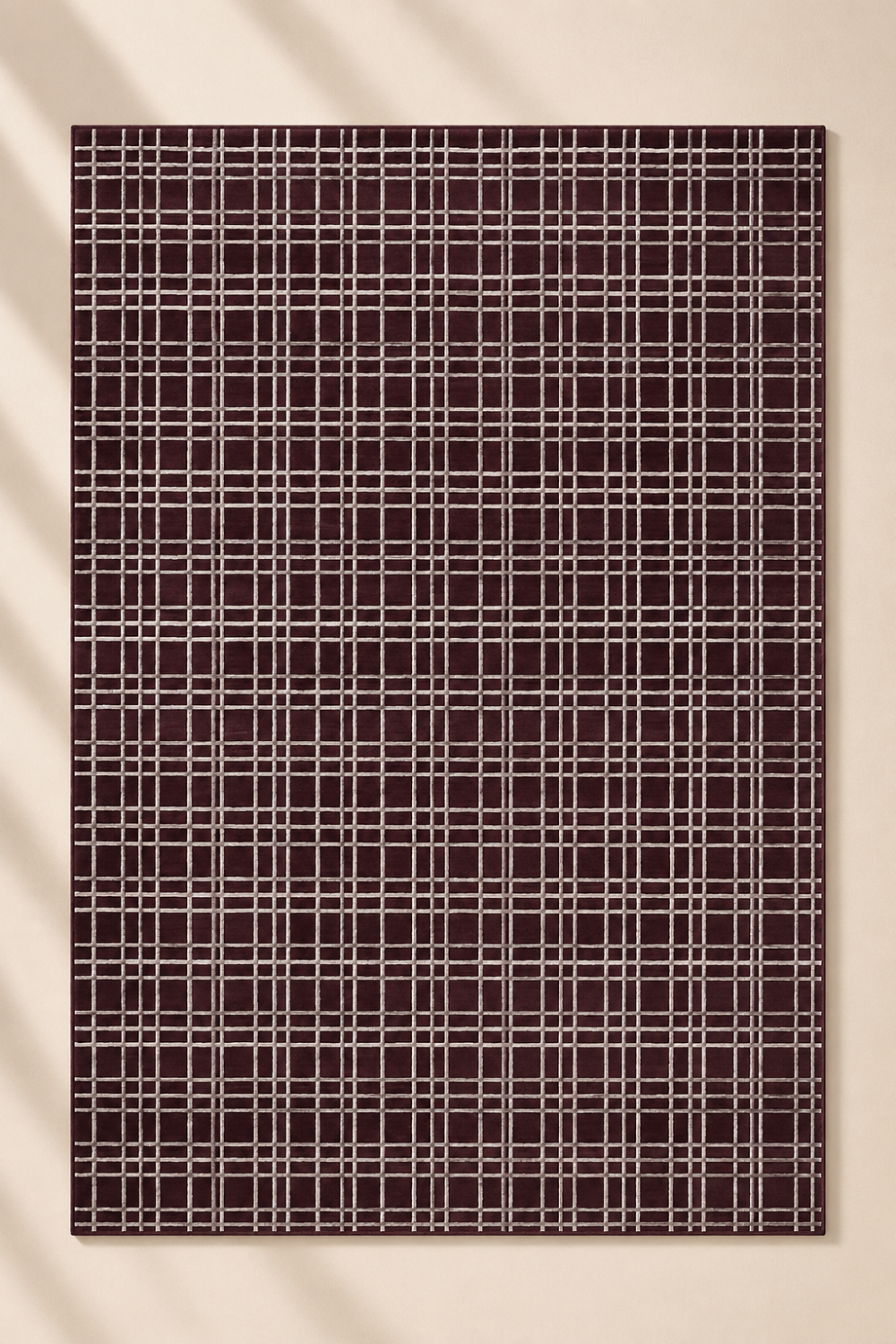 Bordeaux Grid handloom New Zealand wool and viscose contemporary burgundy area rug featuring a refined architectural plaid grid pattern