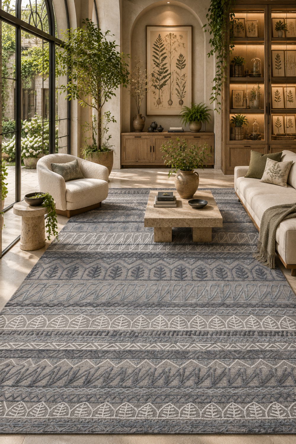 Botanical Rhythm luxury handloom over hand tufted New Zealand wool grey botanical area rug styled in a contemporary organic modern living room