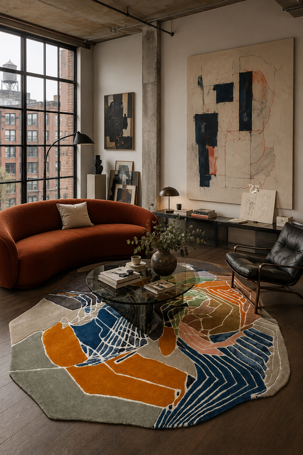 Canvas Mosaic Rug styled in a luxury contemporary loft living room with modern artwork, curved sofa, glass coffee table and designer furniture.