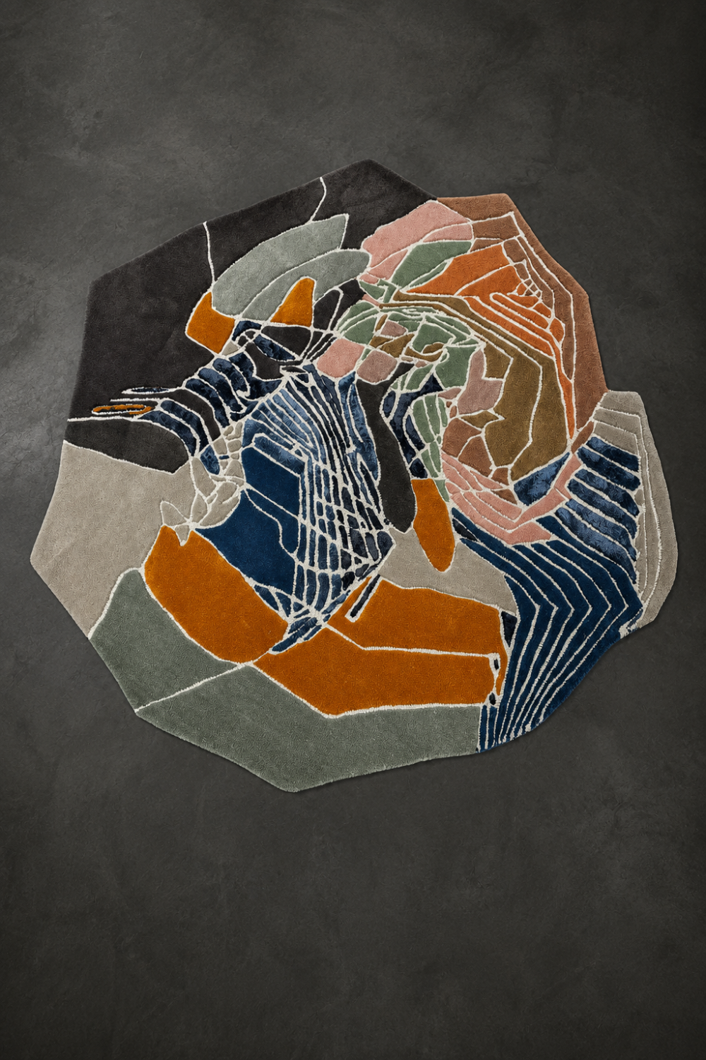 Canvas Mosaic Rug featuring a contemporary abstract geometric design with burnt orange, navy blue, sage green, blush pink, ivory and charcoal tones.