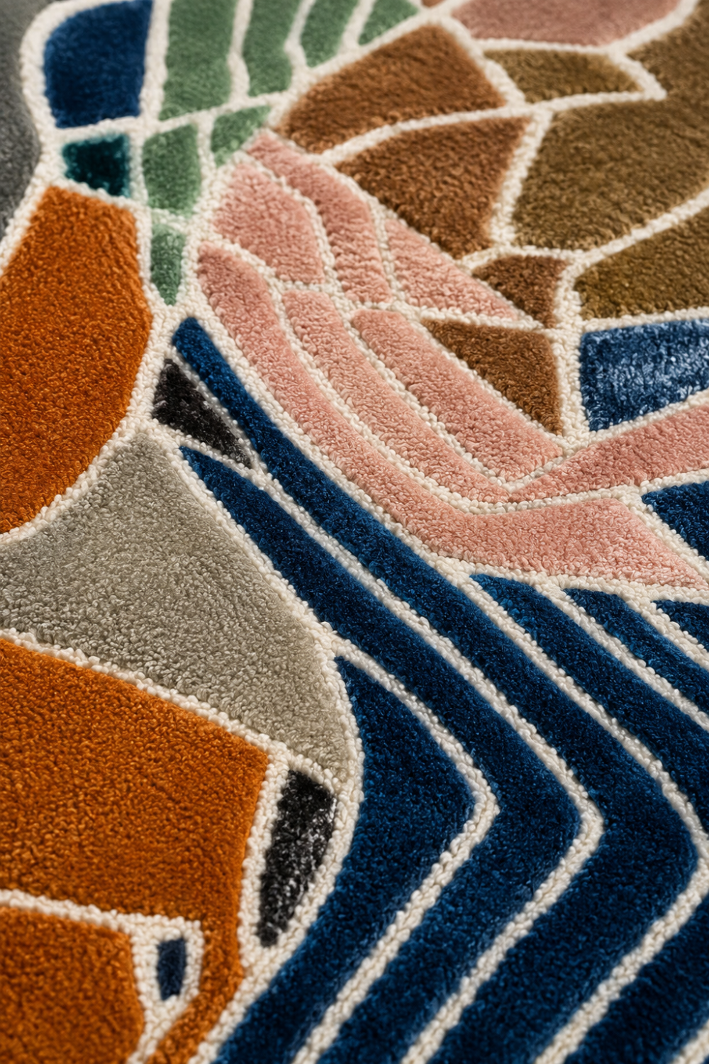 Close-up texture of the Canvas Mosaic Rug highlighting its handcrafted carved pile with geometric patterns in burnt orange, navy blue, blush pink and sage green.