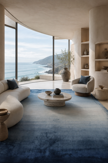 Celestial Tide luxury handloom Tencel blue ombre area rug styled in a contemporary coastal living room with panoramic ocean views