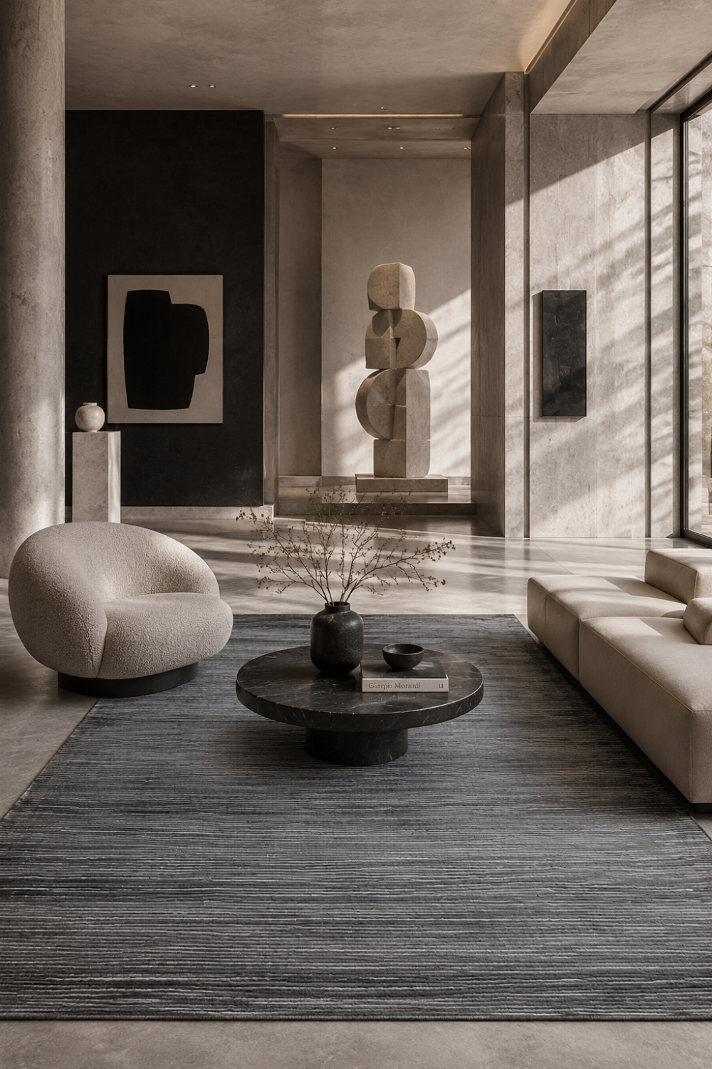Charcoal Horizon Handloom Self Design Viscose Tencel Bamboo rug styled in a modern luxury living room with elegant charcoal grey tones and textured surface.
