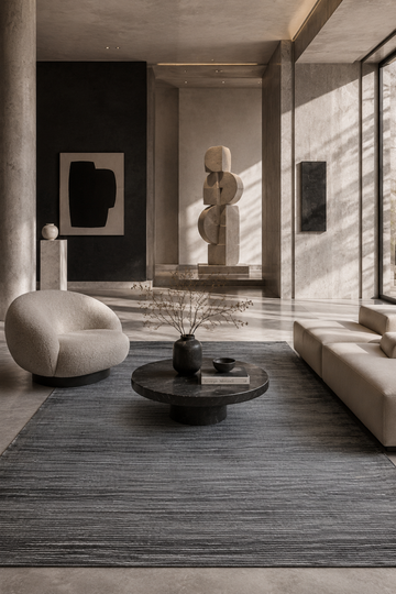 Charcoal Horizon Handloom Self Design Viscose Tencel Bamboo rug styled in a modern luxury living room with elegant charcoal grey tones and textured surface.