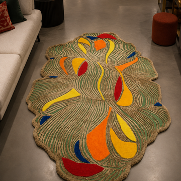 Luxury colorful abstract hand tufted rug in modern living room

