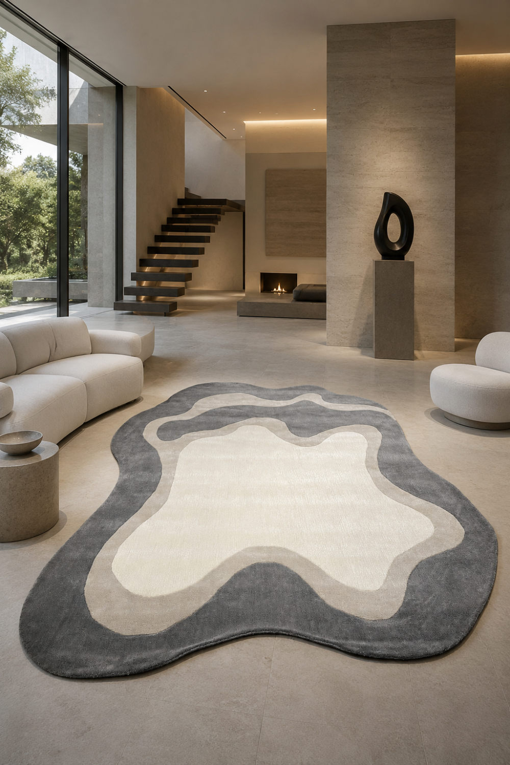 Luxury Cloudform Luxe organic rug displayed in a modern minimalist living room featuring layered ivory, greige and charcoal contour patterns.