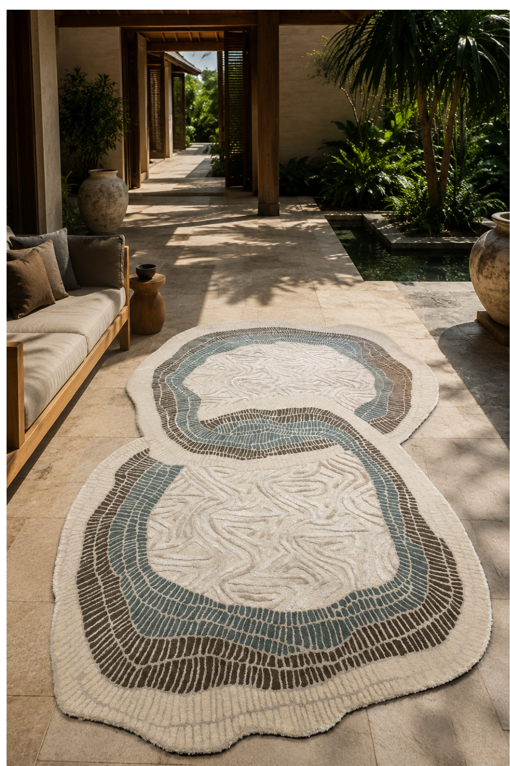 Coastal Contour organic rug styled in a luxury outdoor-indoor living space featuring ivory, teal blue and charcoal contour-inspired patterns.