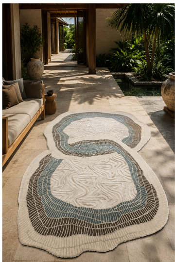 Coastal Contour organic rug styled in a luxury outdoor-indoor living space featuring ivory, teal blue and charcoal contour-inspired patterns.