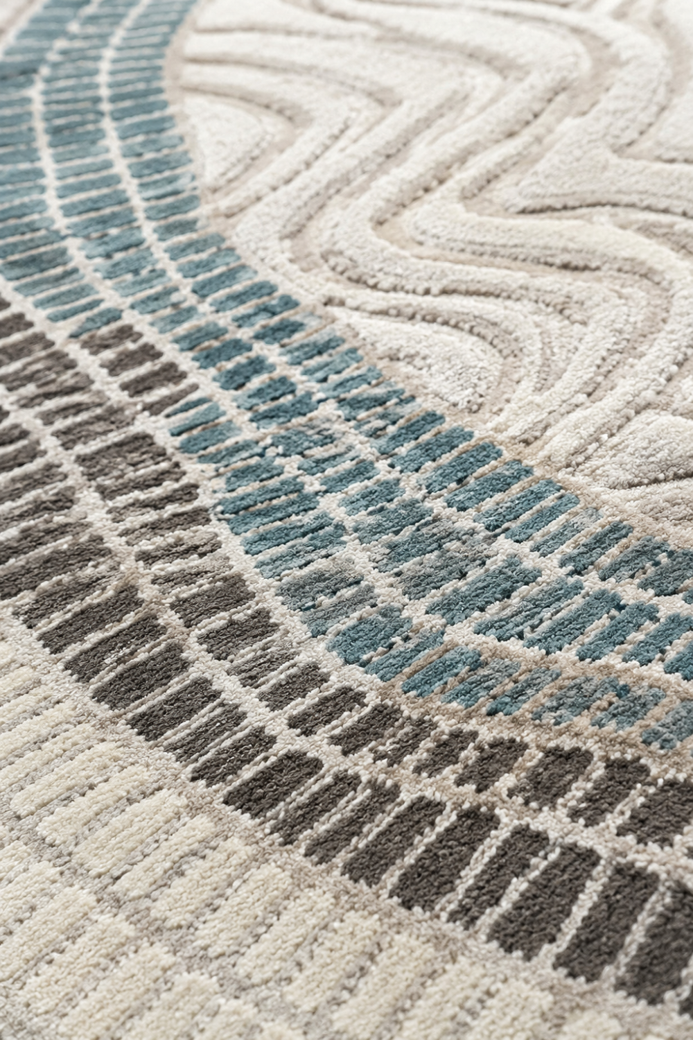 Close-up texture detail of Coastal Contour designer rug showcasing carved patterns, premium pile texture and handcrafted finish.