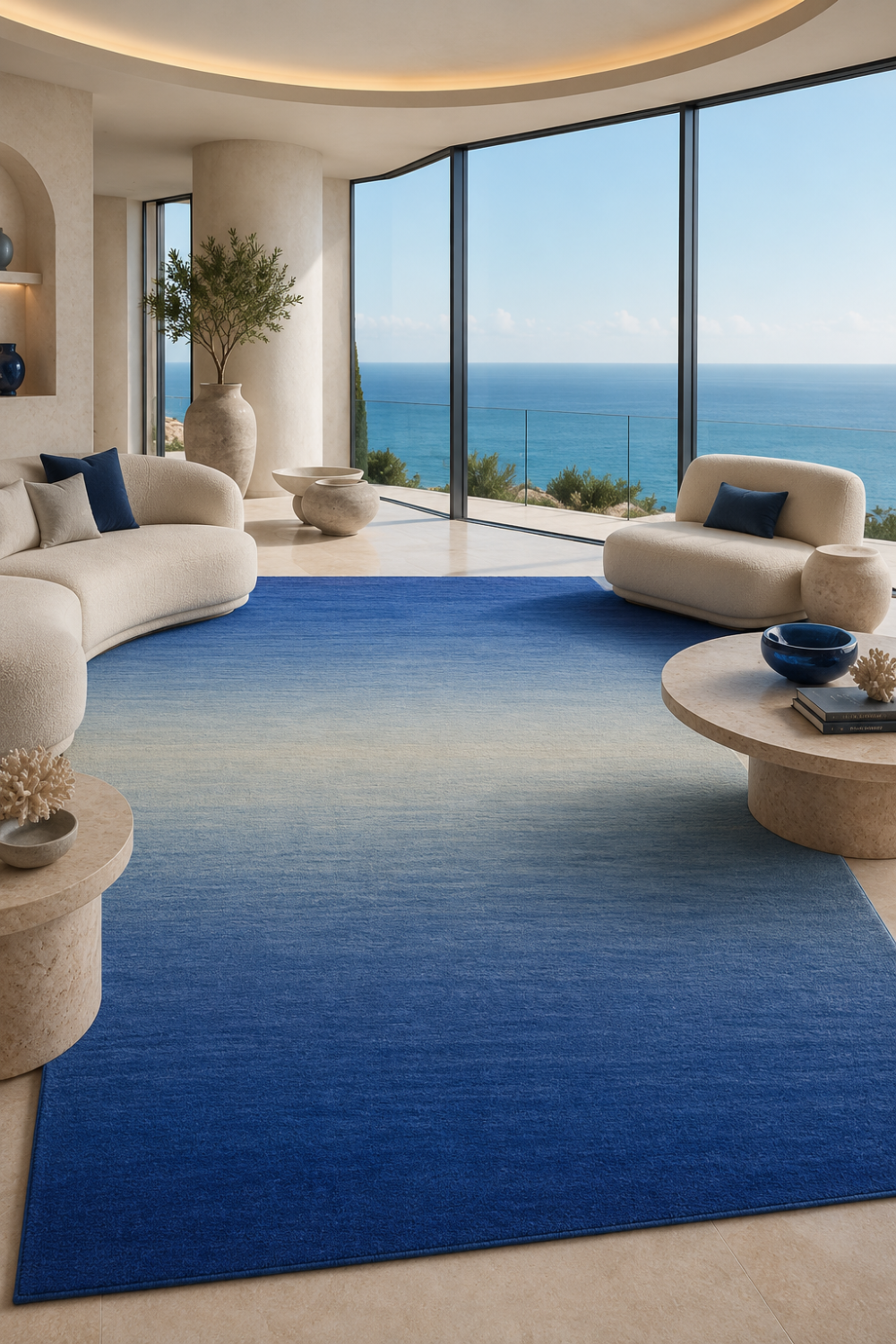 Cobalt Tide luxury handloom New Zealand wool blue ombre area rug styled in a contemporary coastal living room overlooking the ocean.