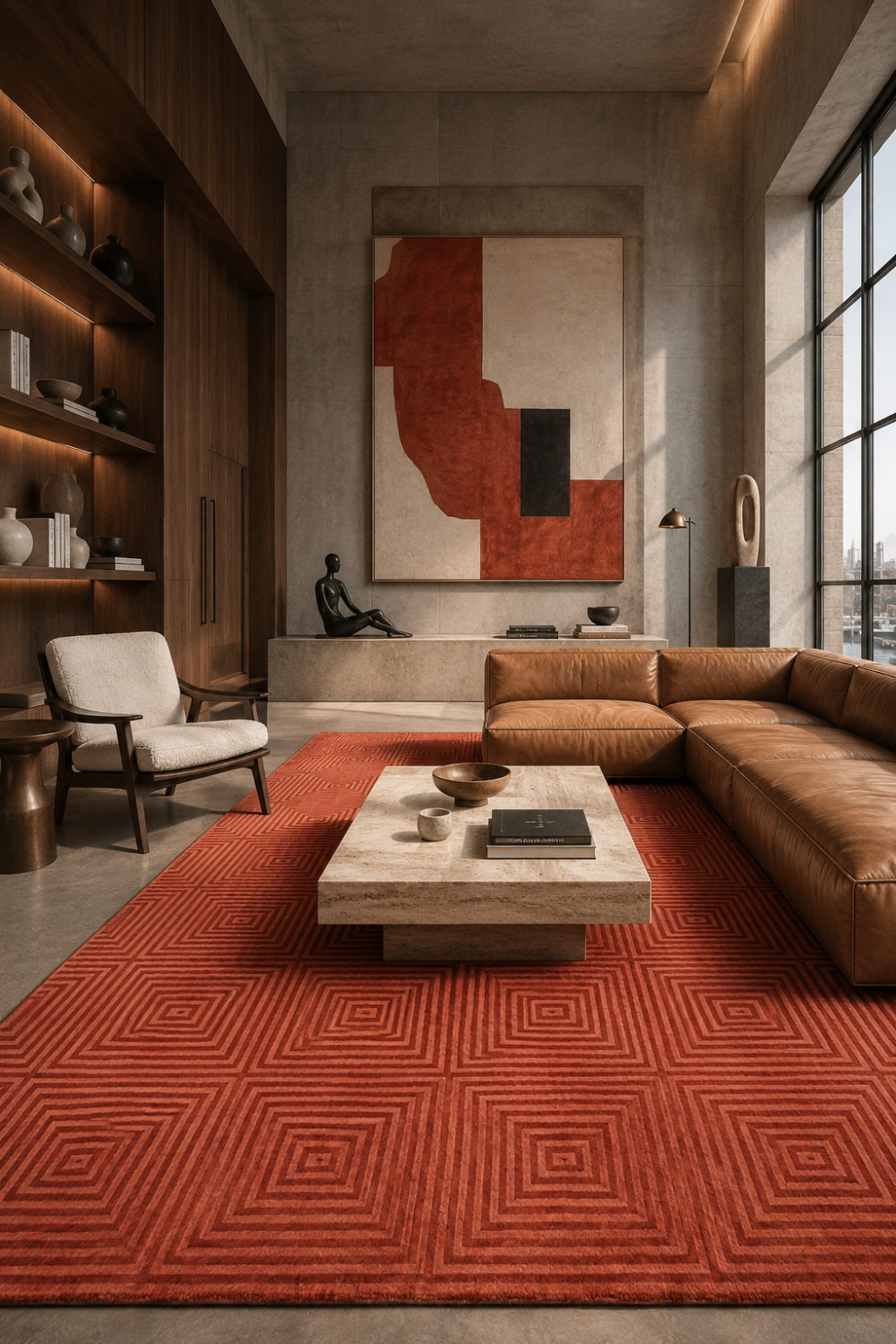 Concentric Grid Rug in Handloom Viscose Tencel Bamboo styled in a luxury contemporary living room featuring carved concentric square patterns in rich terracotta tones.