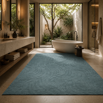 Blue contemporary rug and carpet styled in a modern private wellness bathroom interior