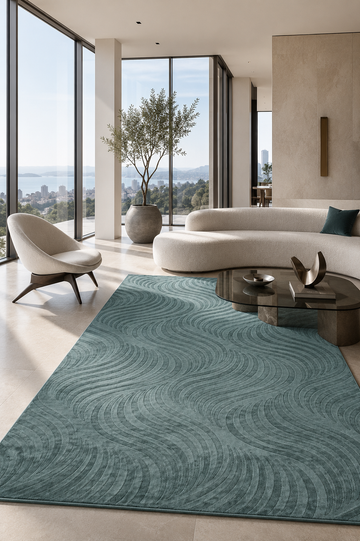 Contemporary aqua rug in a sophisticated modern interior with flowing design and textured craftsmanship