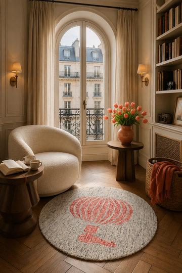Coral Bloom Round Hand Tufted Rug styled in an elegant living room with warm neutral furnishings and coral accents.