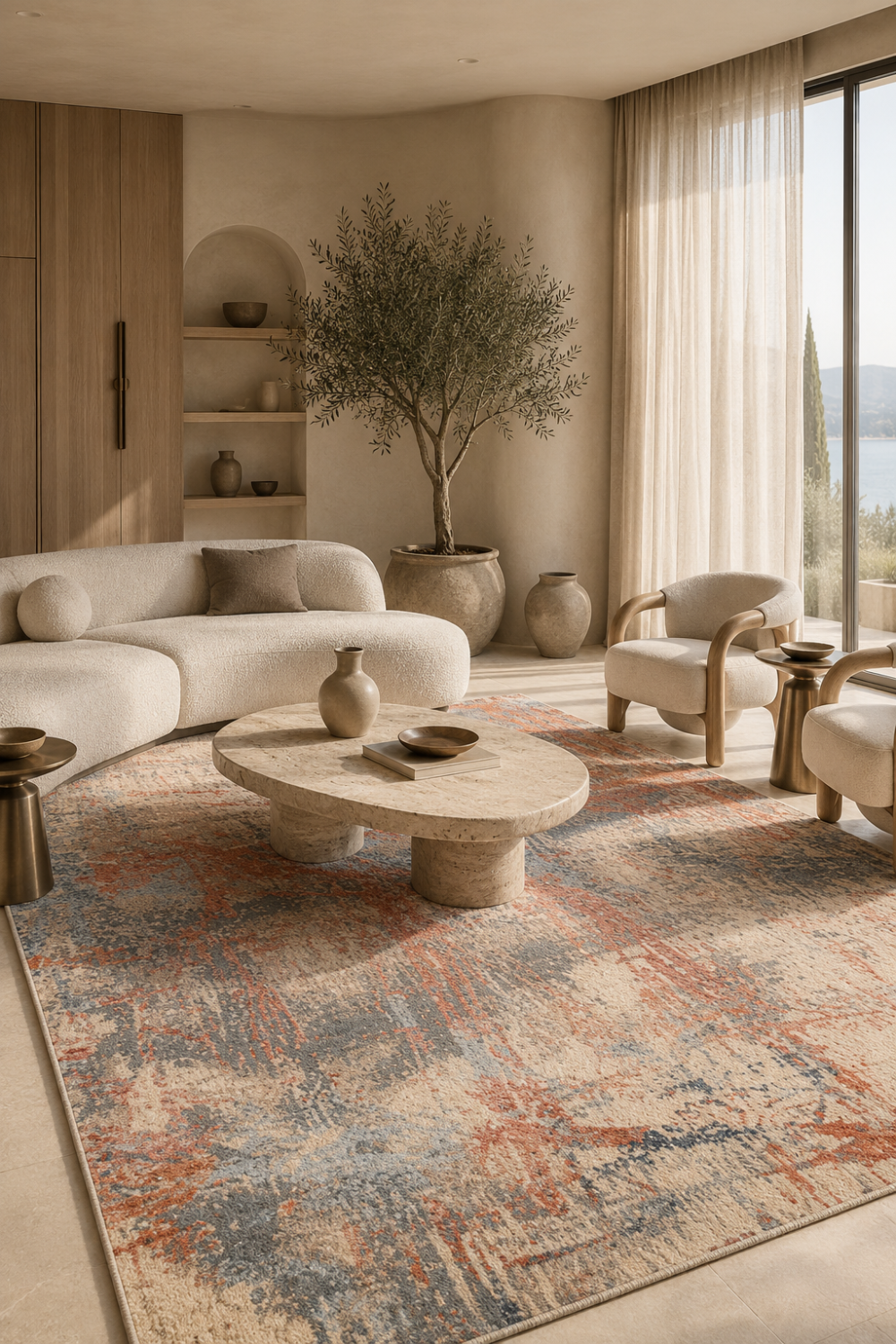 Coral Drift hand knotted abstract wool and bamboo silk luxury rug styled in a contemporary organic living room with premium designer furniture.
