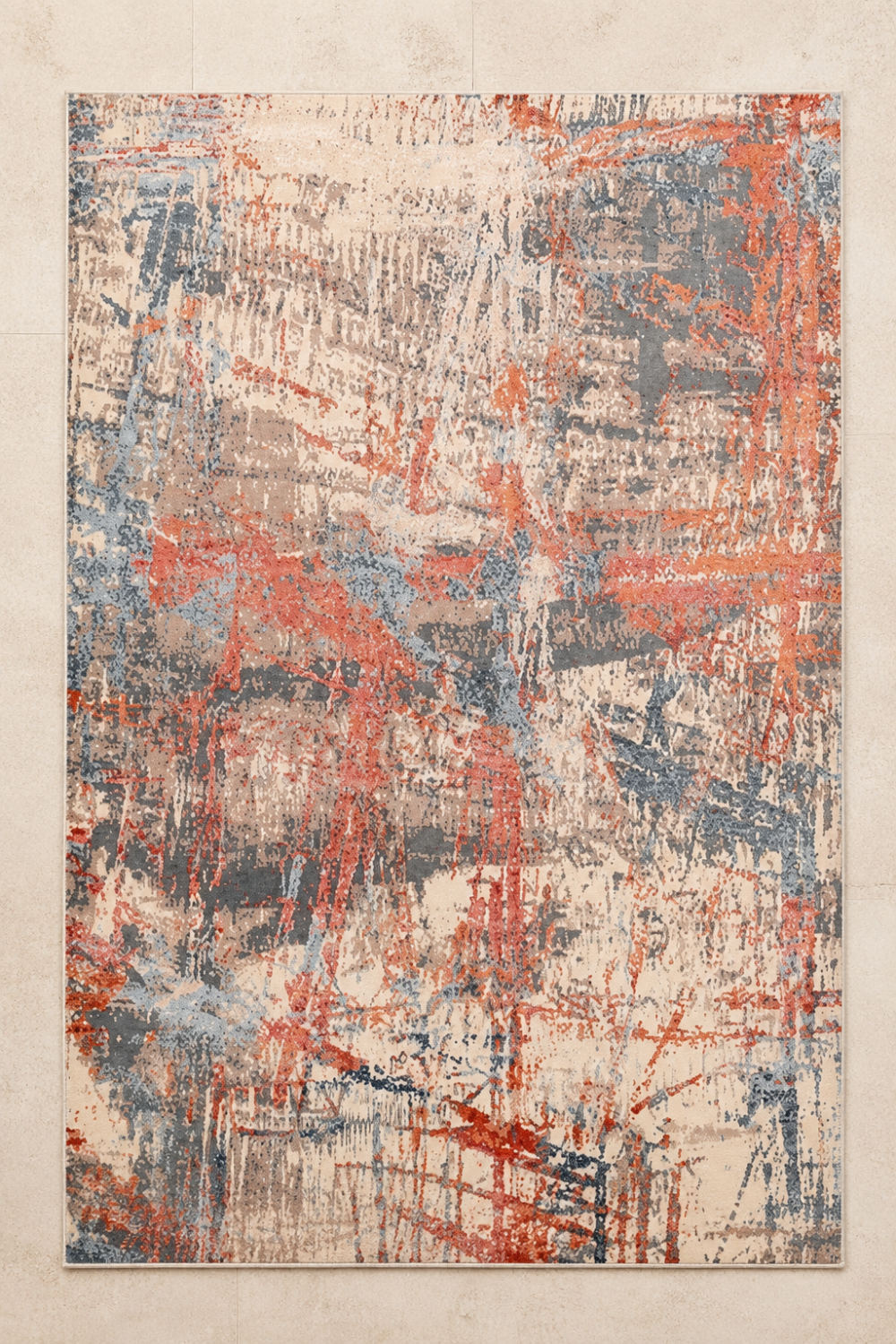 Coral Drift premium hand knotted abstract wool and bamboo silk luxury rug displayed on a neutral gallery surface showcasing the complete handcrafted design.