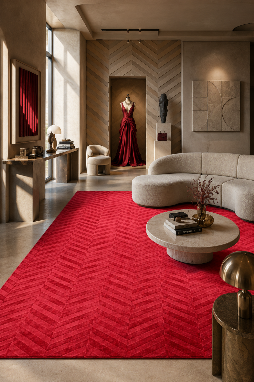 Crimson Chevron Rug in Handloom Viscose Tencel Bamboo displayed in a contemporary luxury living room featuring a handcrafted chevron self-design pattern.