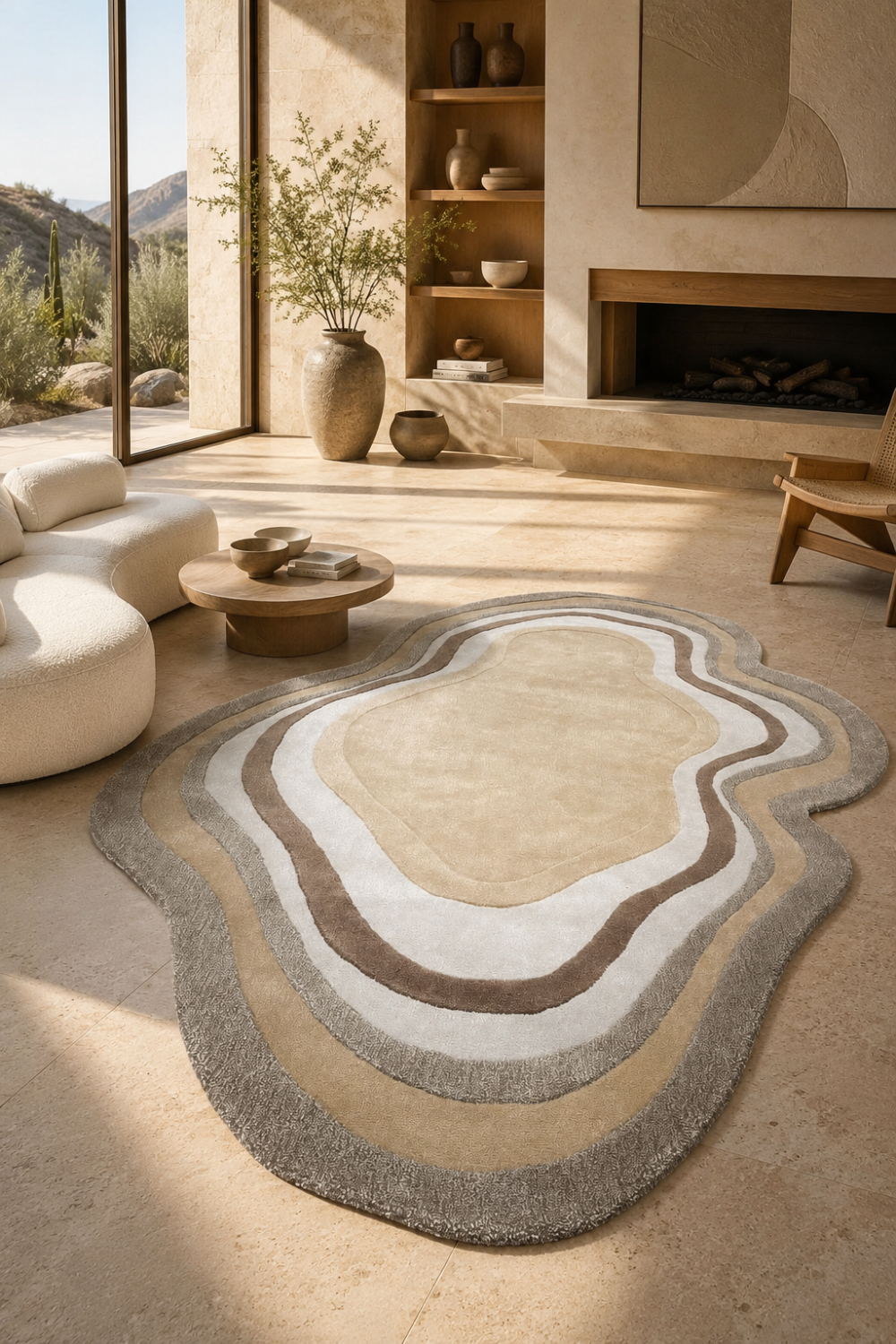 Desert Contour organic rug styled in a luxury living room featuring layered beige, ivory and taupe contour patterns.