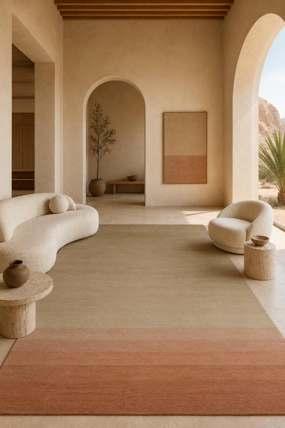 Desert Horizon luxury handloom New Zealand wool rug featuring soft tonal shading and warm beige to terracotta gradient in a contemporary minimalist living room