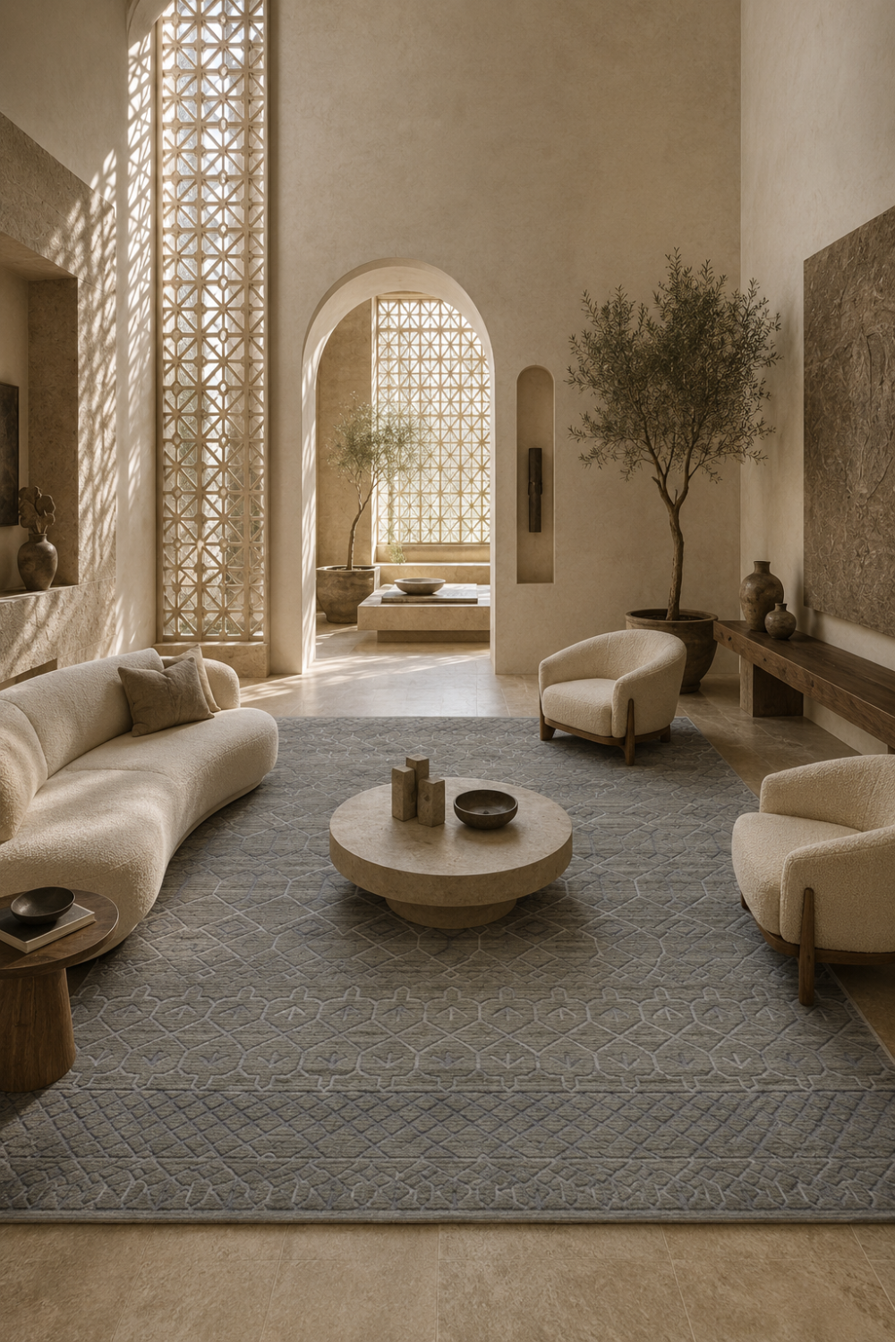 Desert Lattice luxury handloom New Zealand Wool geometric greige area rug styled in a contemporary architectural living room