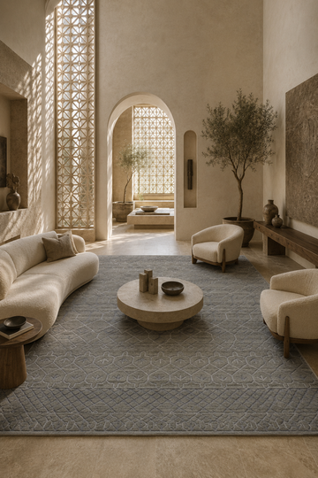 Desert Lattice luxury handloom New Zealand Wool geometric greige area rug styled in a contemporary architectural living room