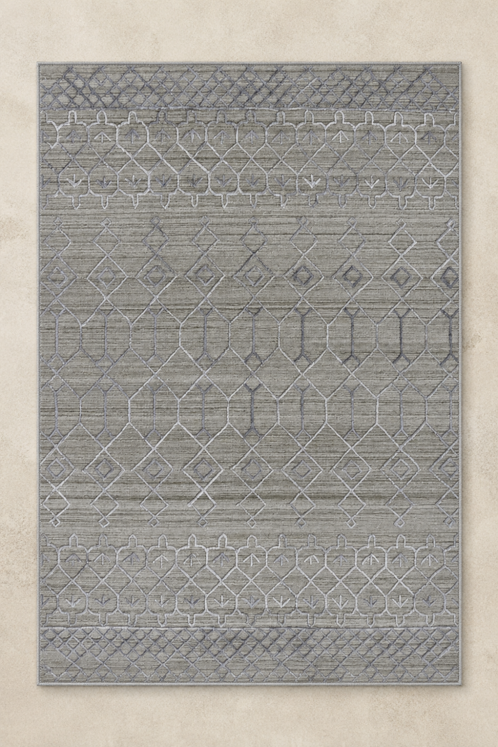 Desert Lattice luxury handloom New Zealand Wool geometric greige area rug styled in a contemporary architectural living room