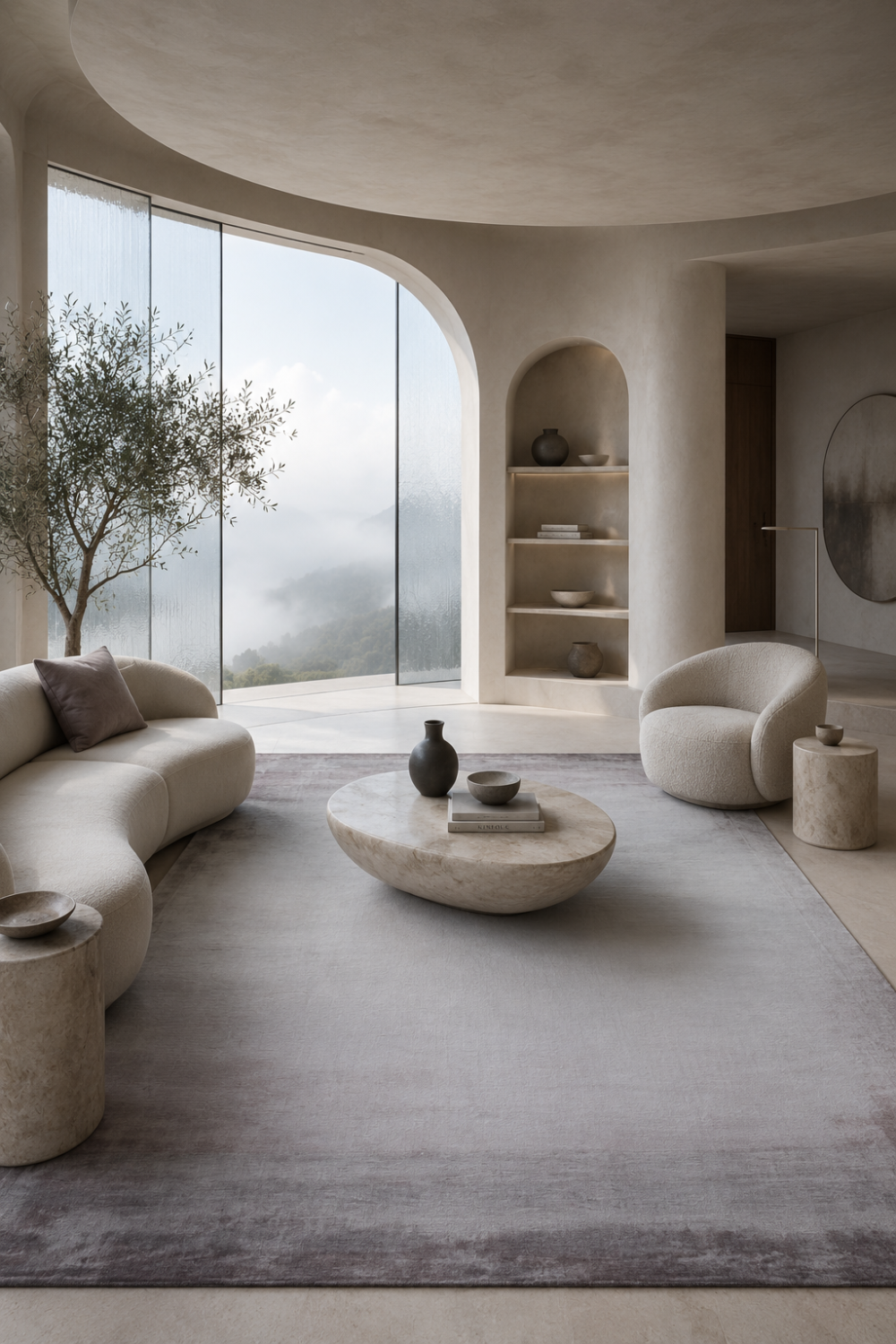 Desert Mist luxury handloom Tencel taupe ombre area rug styled in a contemporary minimalist living room with soft neutral interiors