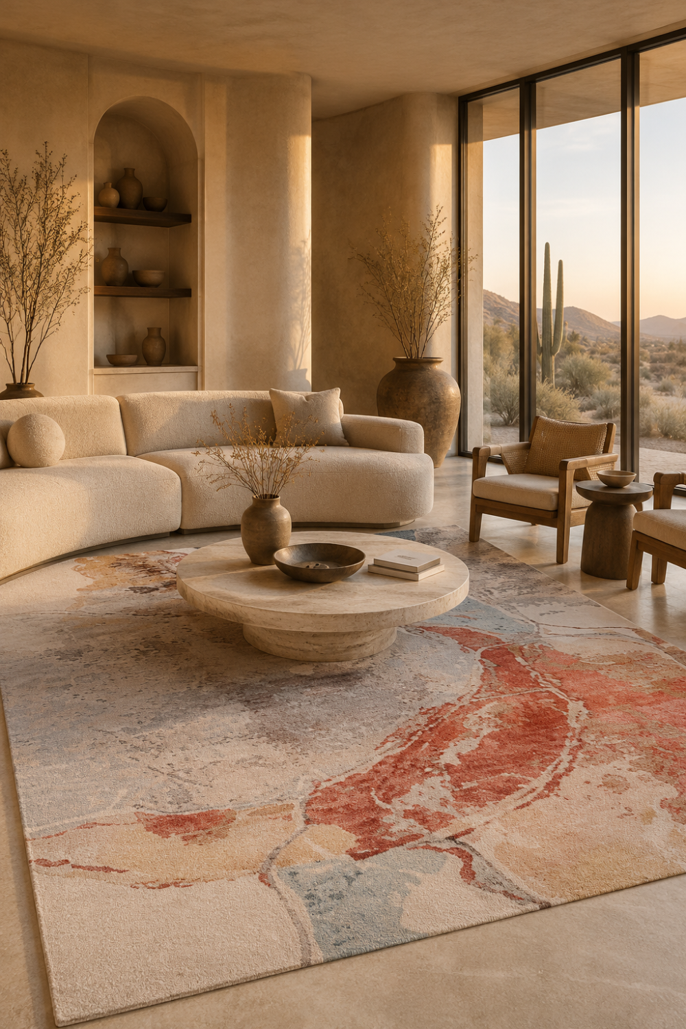 Desert Veil hand knotted abstract wool and bamboo silk luxury rug styled in a contemporary organic living room with premium designer furniture.