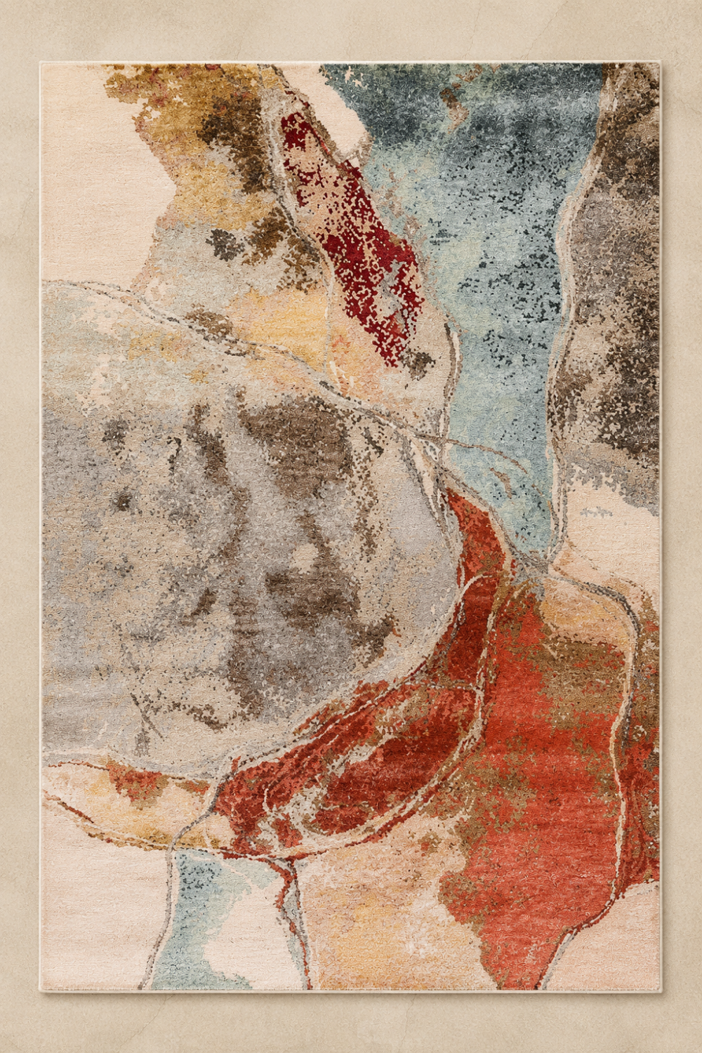 Desert Veil hand knotted abstract wool and bamboo silk luxury rug styled in a contemporary organic living room with premium designer furniture.
