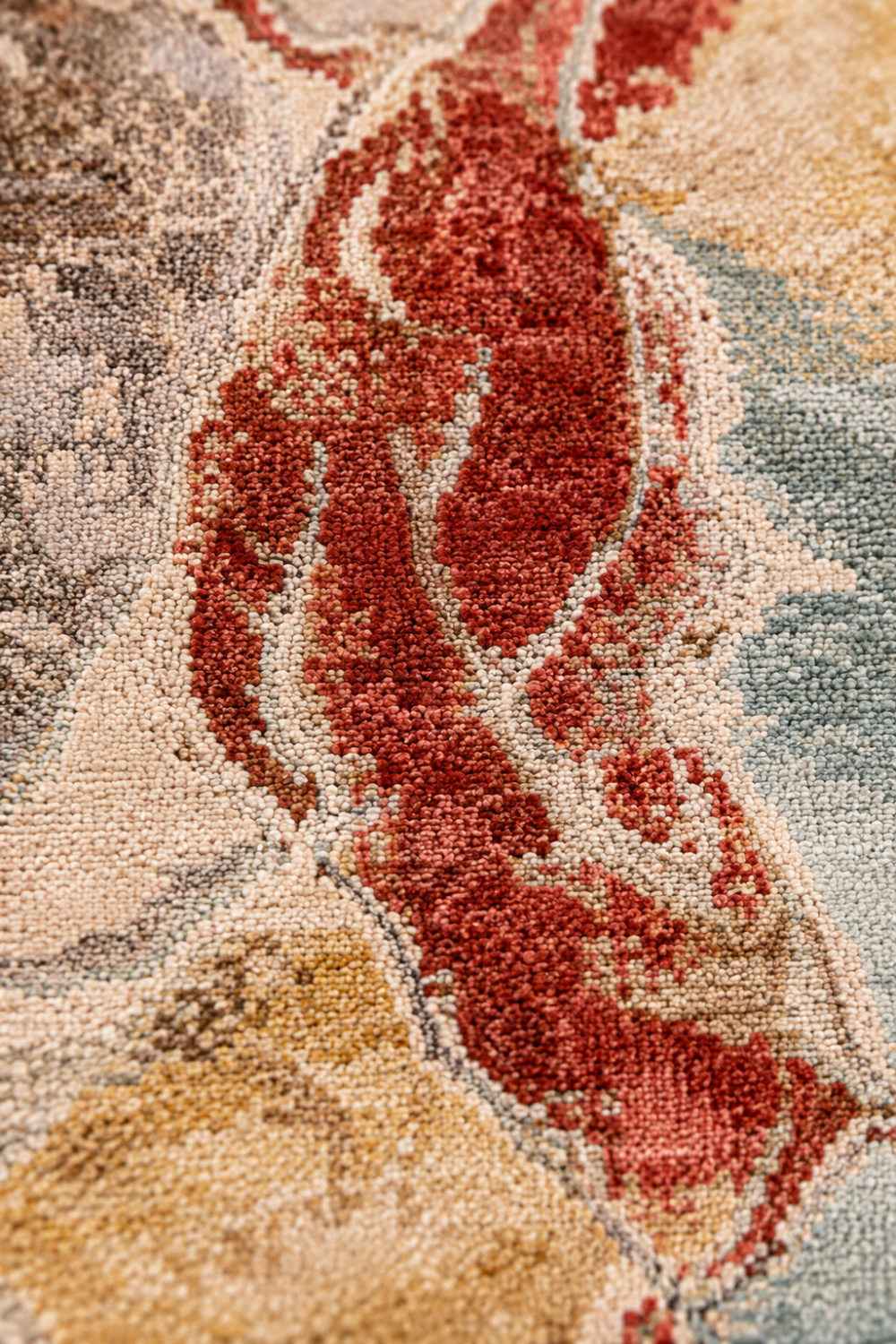 Close-up of the Desert Veil hand knotted wool and bamboo silk luxury rug highlighting intricate knot definition, premium fibers, and artisan craftsmanship.