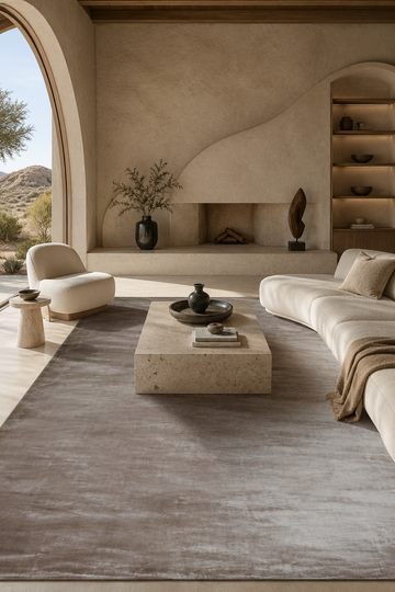 Desert Veil Handloom Plain Viscose rug styled in a contemporary luxury living room featuring warm taupe and greige handcrafted tones.