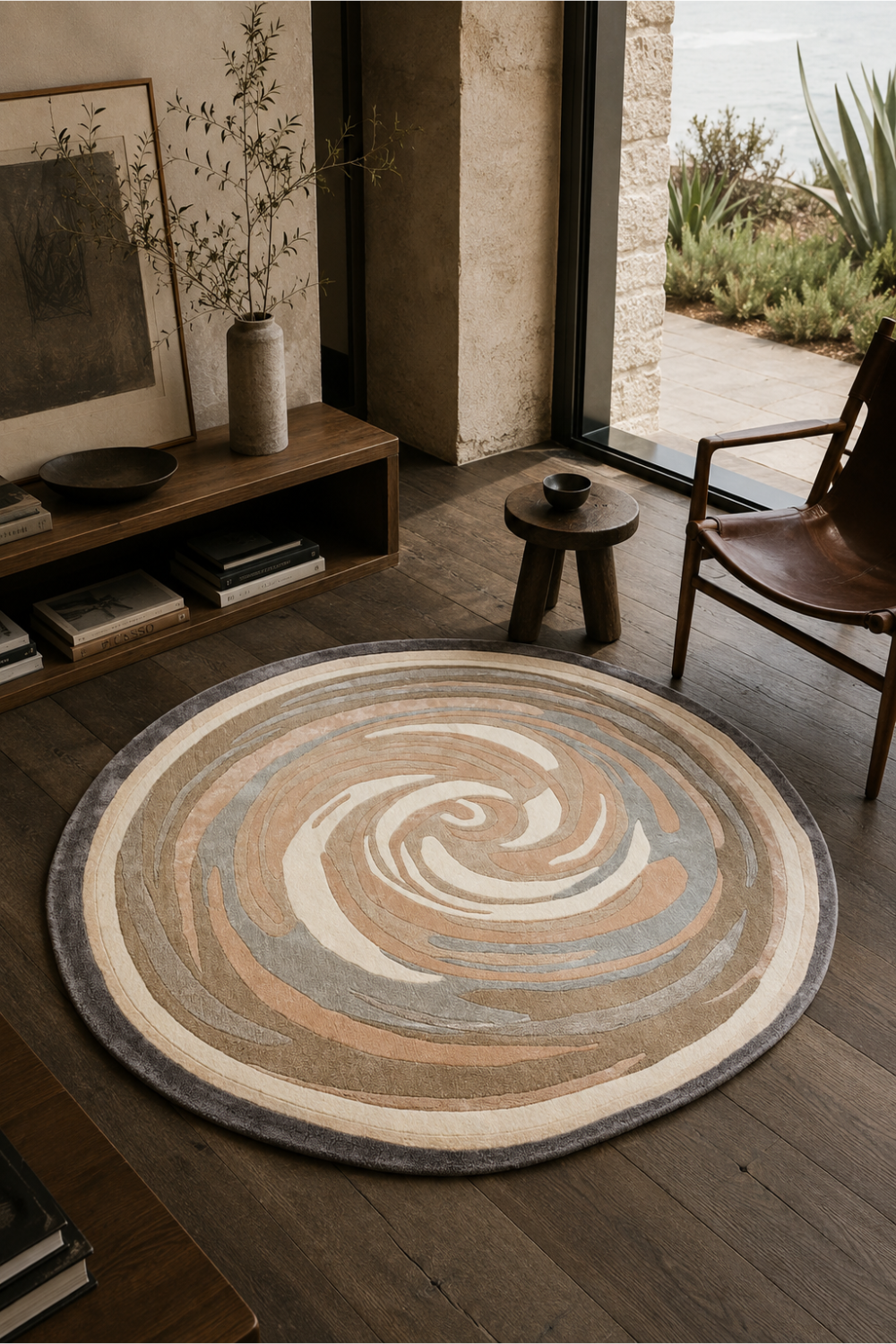 Desert Whirl Round Hand Tufted Rug styled in a contemporary organic living room with warm wood furniture and natural décor.