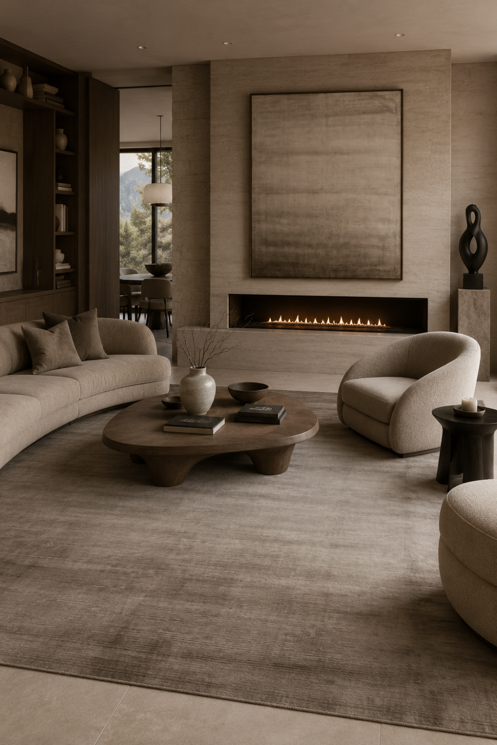 Dune Haven Handloom Viscose rug in a contemporary living room with warm neutral furniture and refined handcrafted styling.
