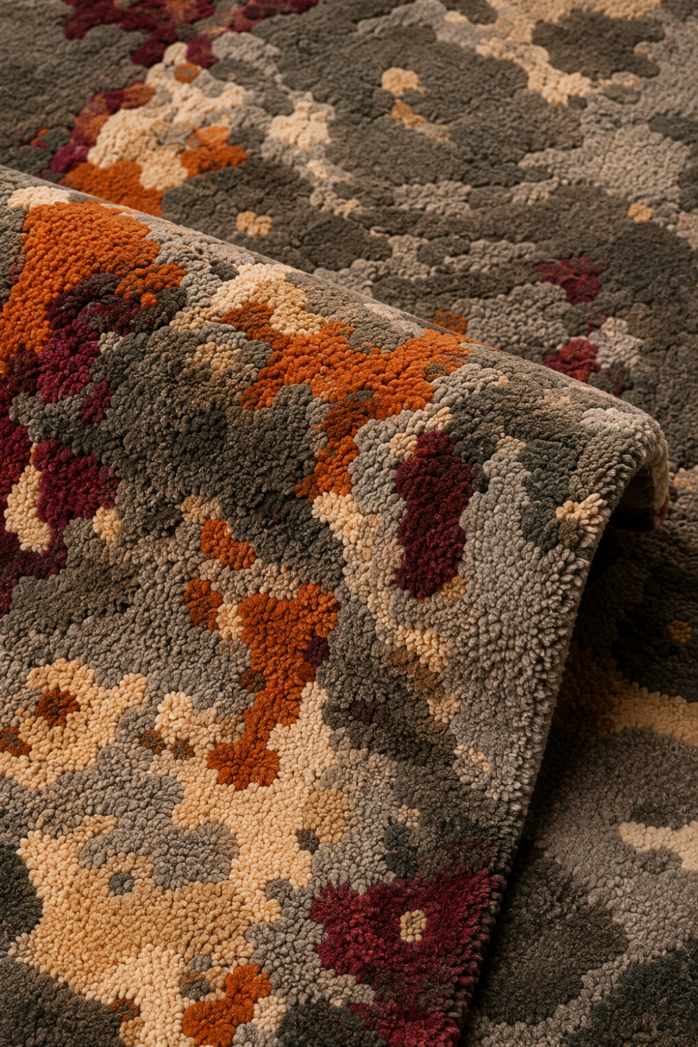 Ember Terrain abstract rug styled in a warm contemporary living room with neutral furniture and natural materials