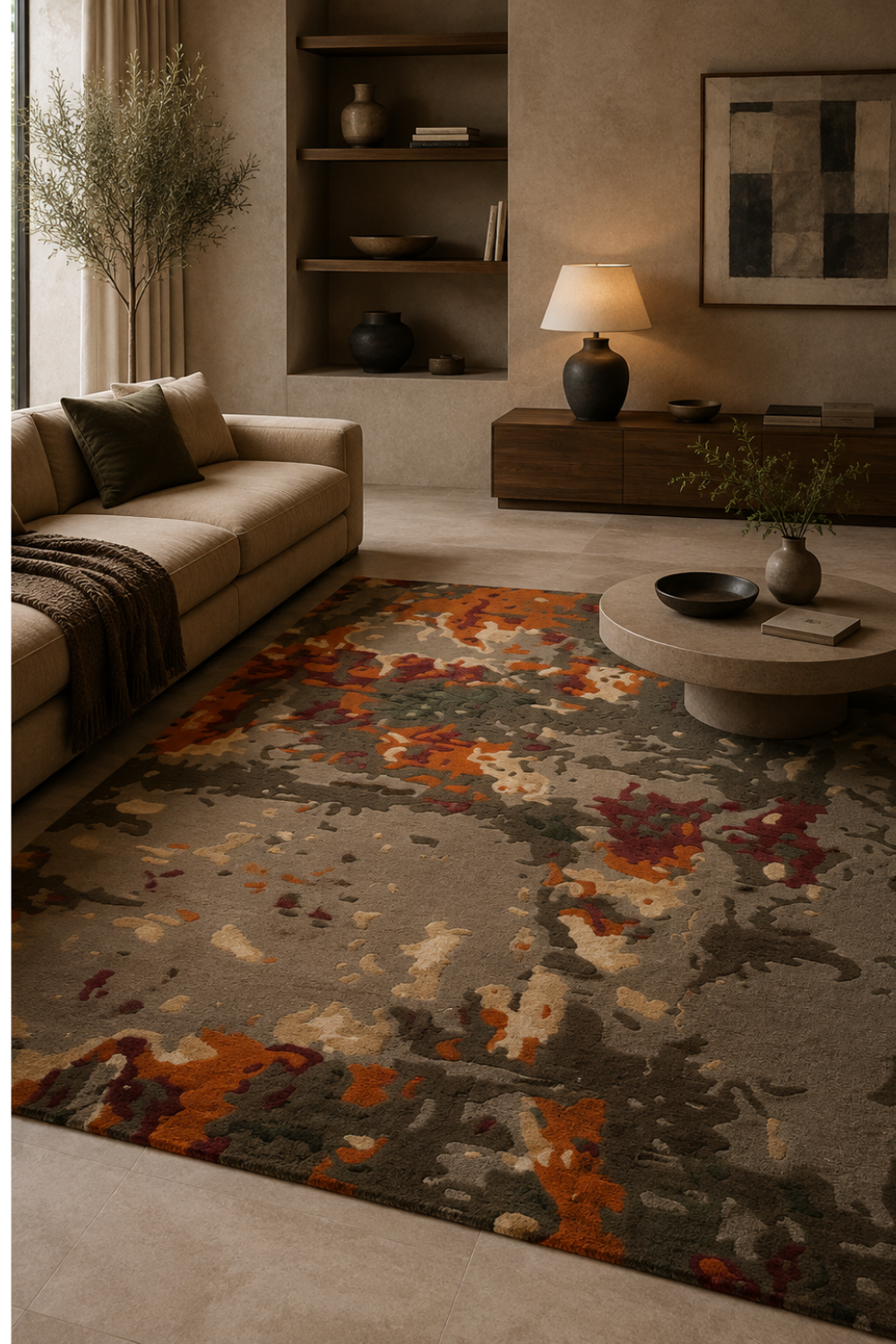 Ember Terrain abstract rug in olive grey with rust, burgundy, ivory and taupe organic patterns