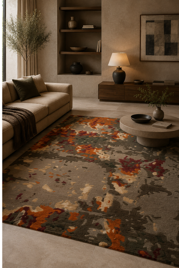Ember Terrain abstract rug in olive grey with rust, burgundy, ivory and taupe organic patterns