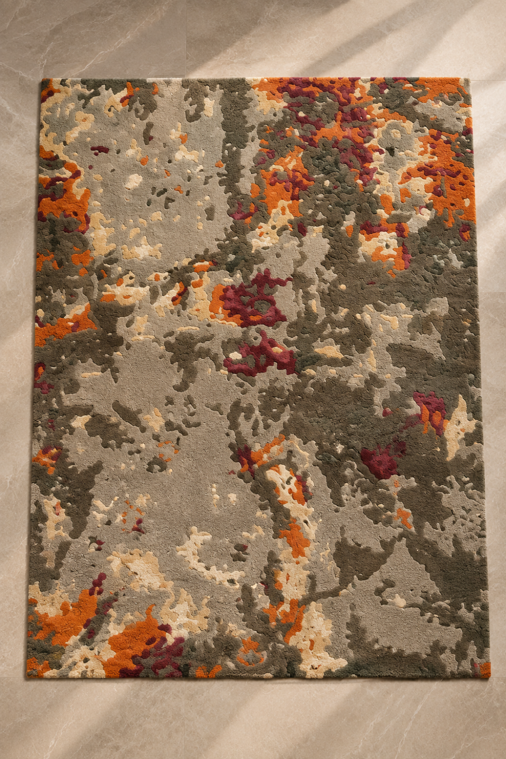 Ember Terrain abstract rug in olive grey with rust, burgundy, ivory and taupe organic patterns