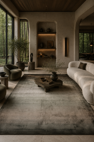 Forest Mist luxury handloom Tencel green and brown ombre area rug styled in a contemporary designer living room with natural wood interiors