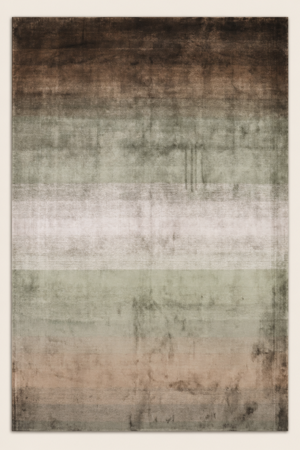 Forest Mist handloom Tencel gradient area rug featuring earthy brown, sage green and ivory tonal transitions with a luxurious silky finish