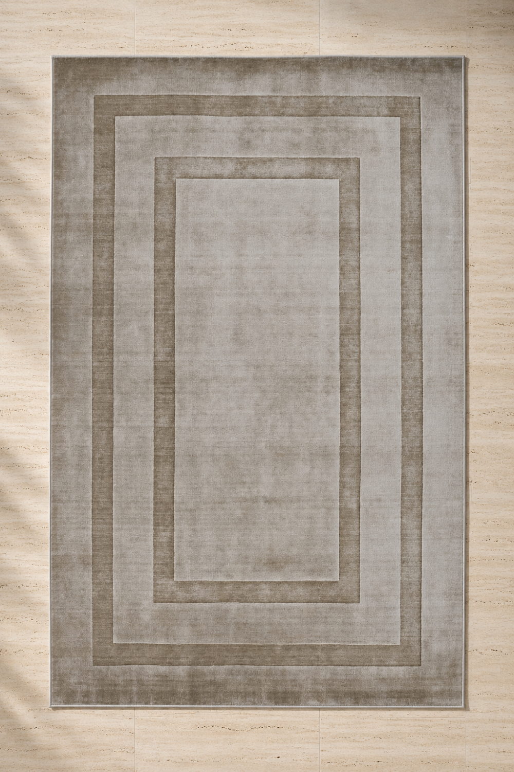 Framed Border Minimalist Rug handcrafted in Handloom Viscose Tencel Bamboo featuring layered tonal border framing in ivory and greige.