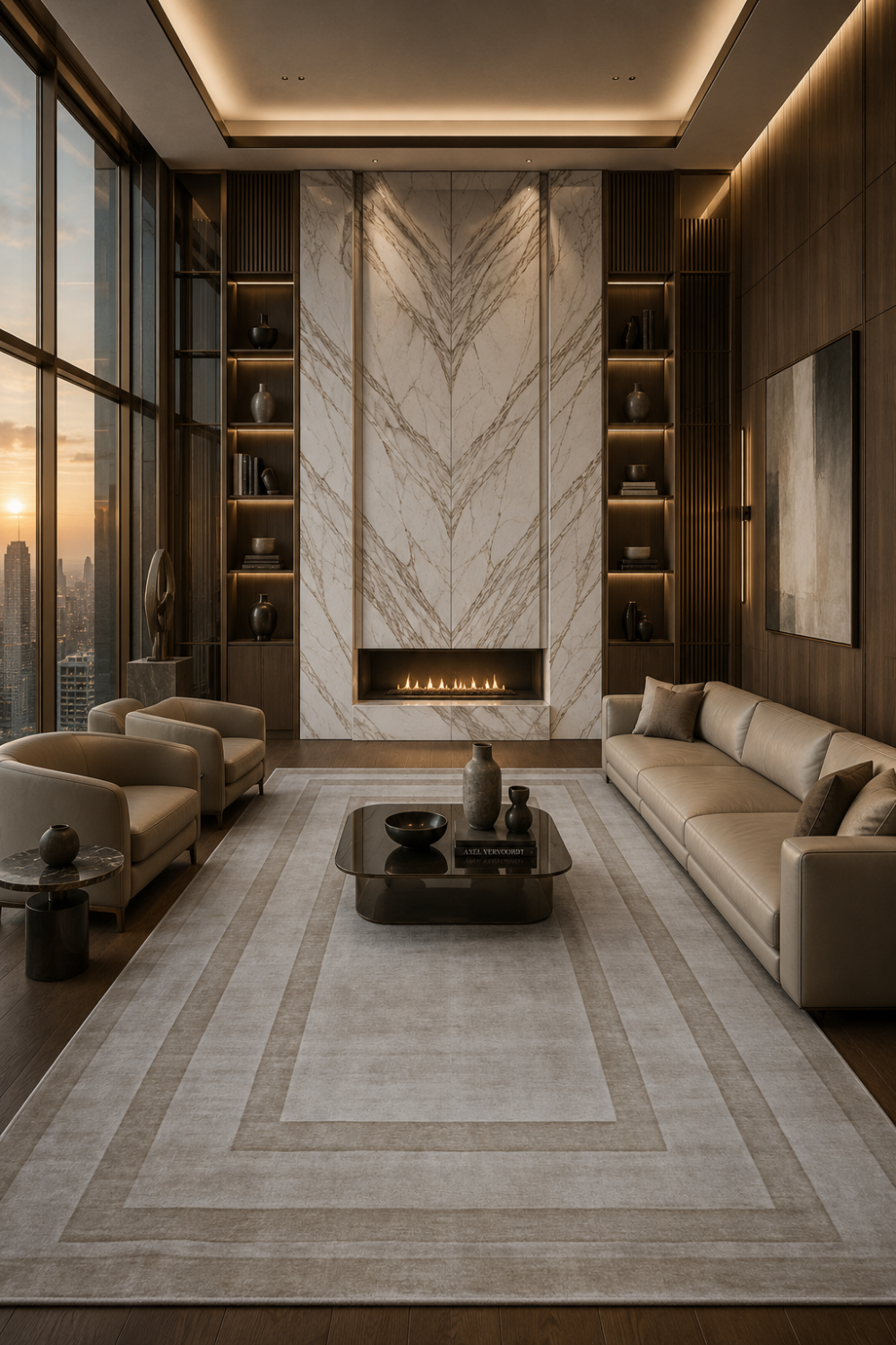 Framed Border Minimalist Rug in Handloom Viscose Tencel Bamboo styled in a luxury contemporary living room with elegant layered border detailing.