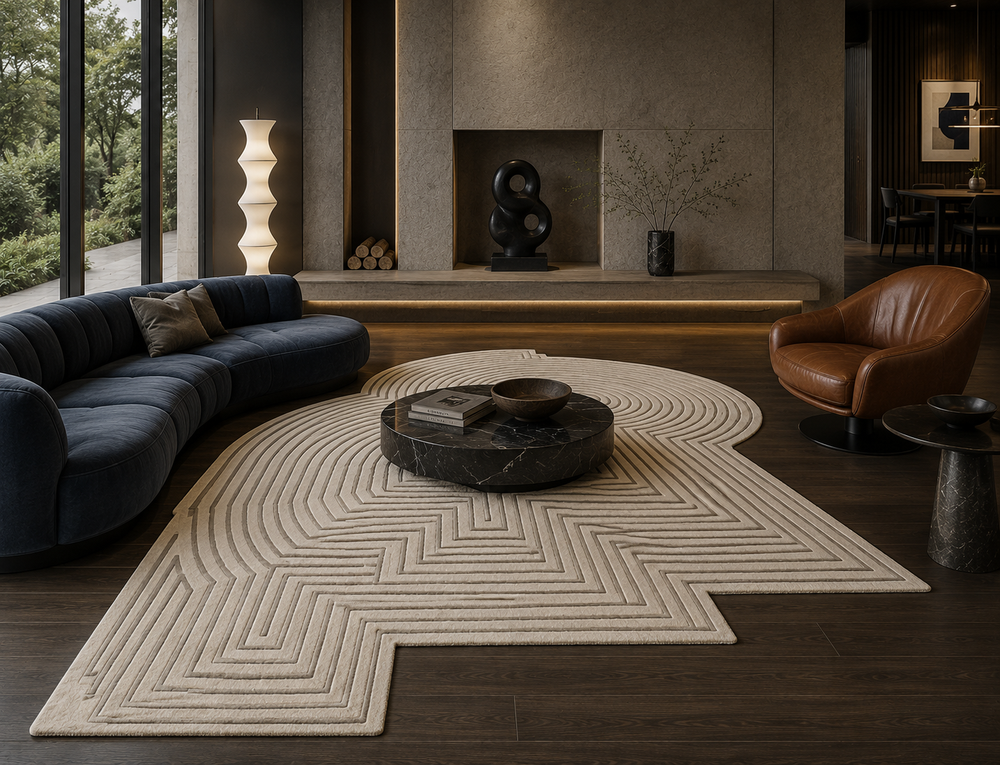 Luxury geometric handmade rugs and carpets featured in a refined architectural interior by Premium Rug Collection.