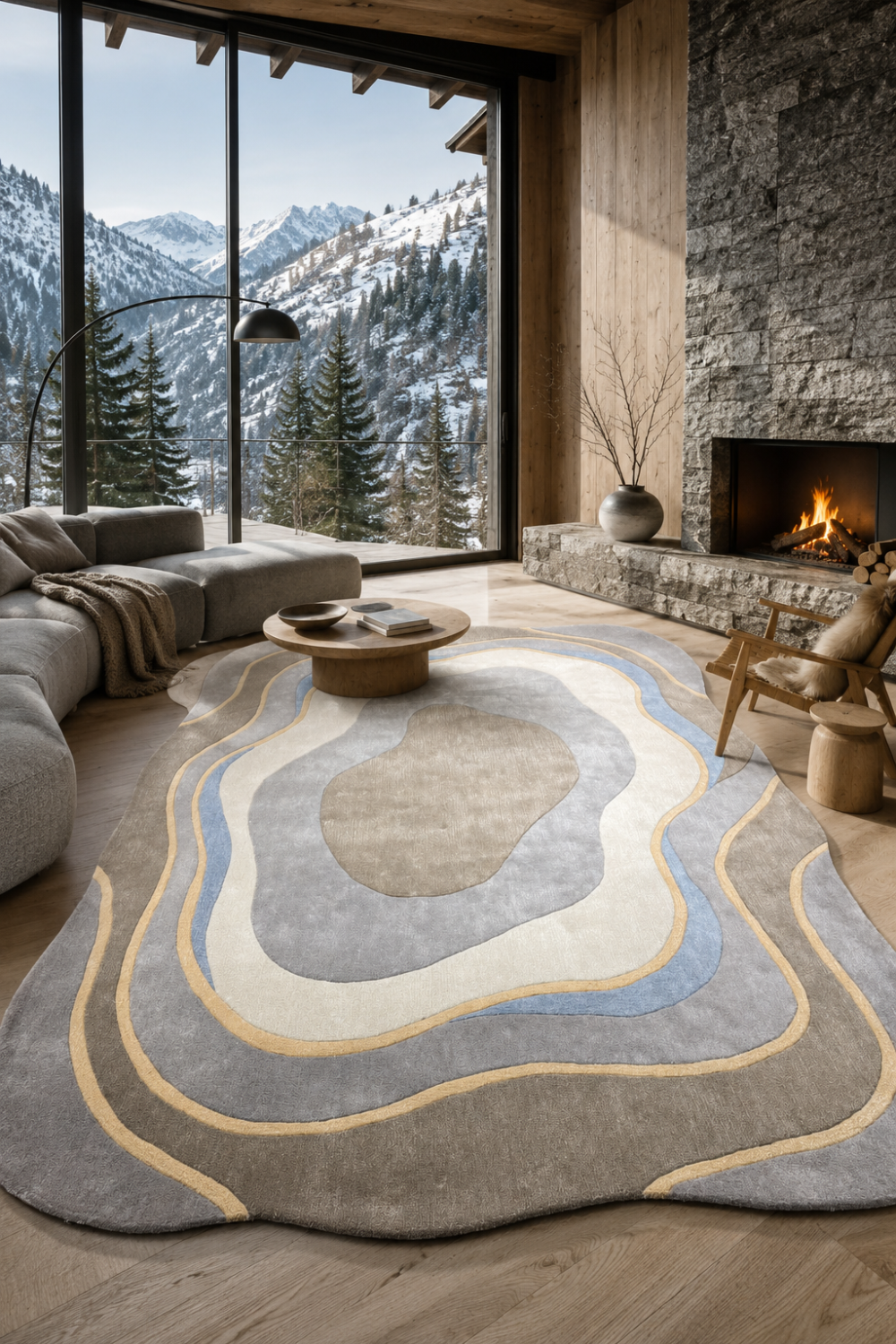 Glacier Contour organic rug styled in a luxury mountain-view living room featuring layered grey, ivory and powder blue contour patterns.