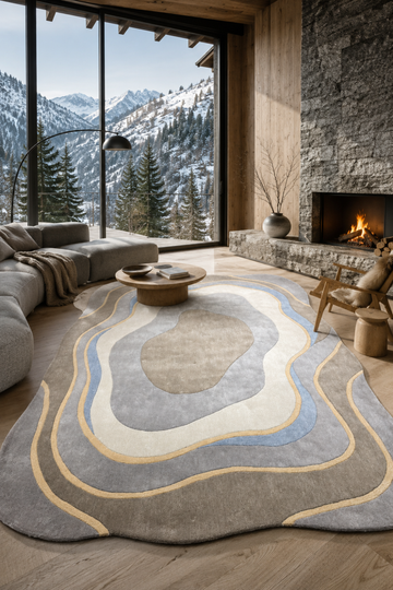 Glacier Contour organic rug styled in a luxury mountain-view living room featuring layered grey, ivory and powder blue contour patterns.