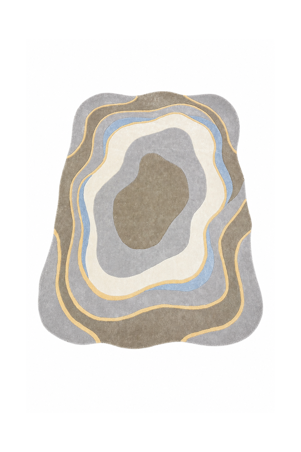 Glacier Contour organic rug styled in a luxury mountain-view living room featuring layered grey, ivory and powder blue contour patterns.