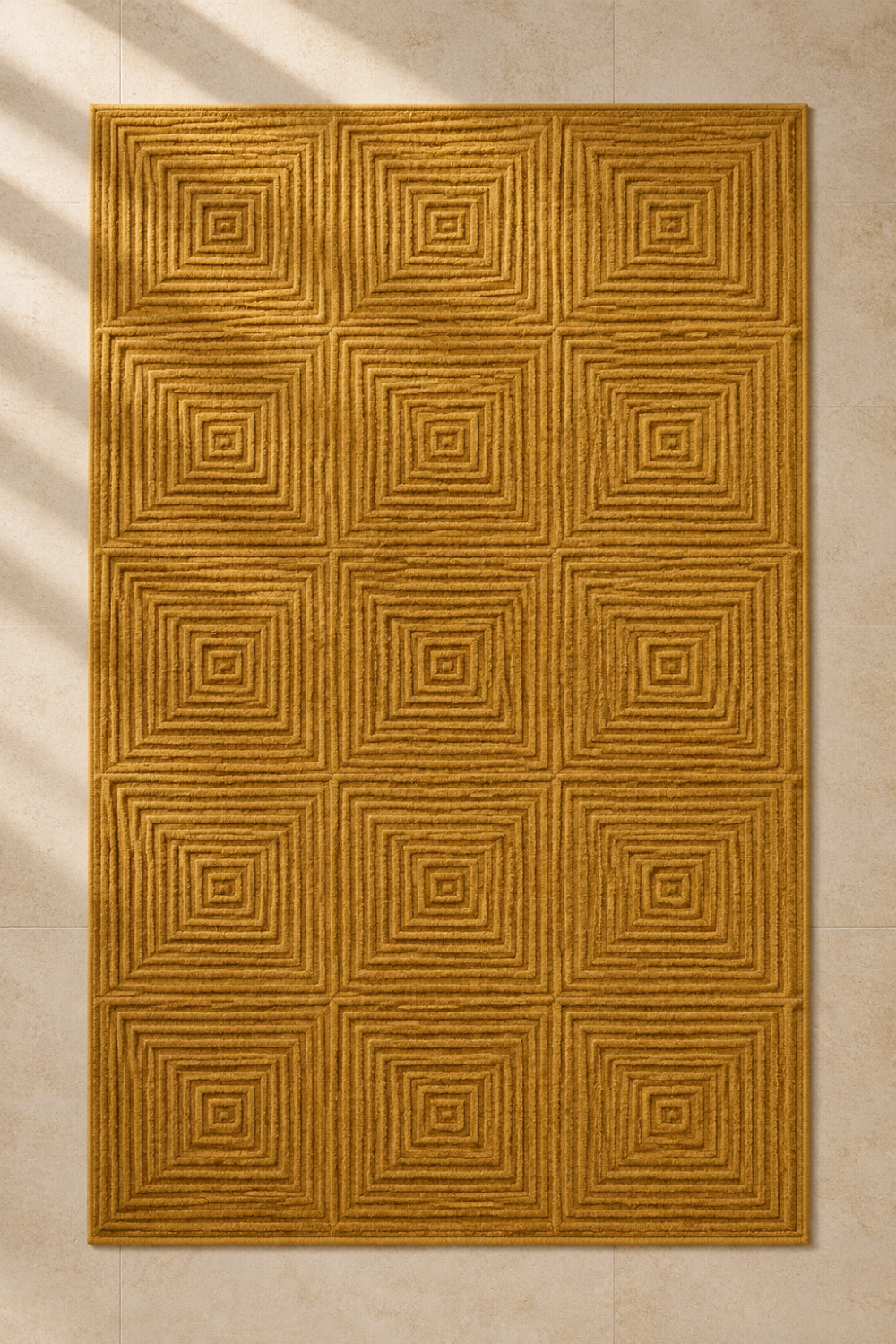 Golden Concentric Grid Rug handcrafted in Handloom Viscose Tencel Bamboo featuring raised concentric square self-design in warm ochre.