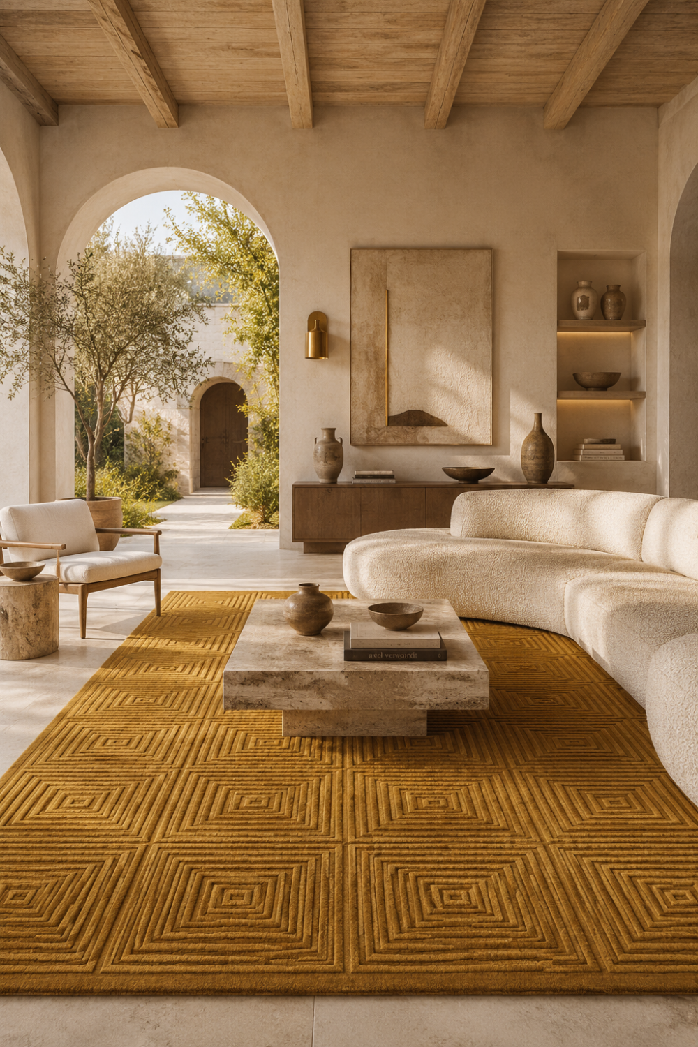 Golden Concentric Grid Rug in Handloom Viscose Tencel Bamboo styled in a luxury contemporary living room with carved geometric square patterns.