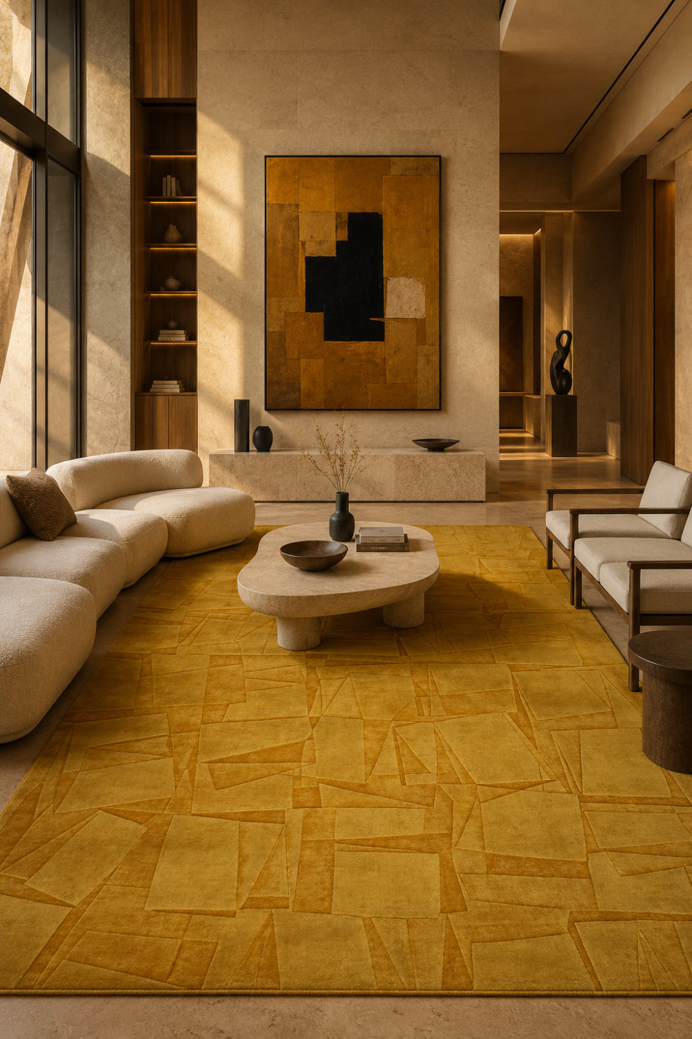 Golden Mosaic Rug in Handloom Viscose Tencel Bamboo displayed in a contemporary luxury living room featuring a handcrafted embossed geometric mosaic self-design.