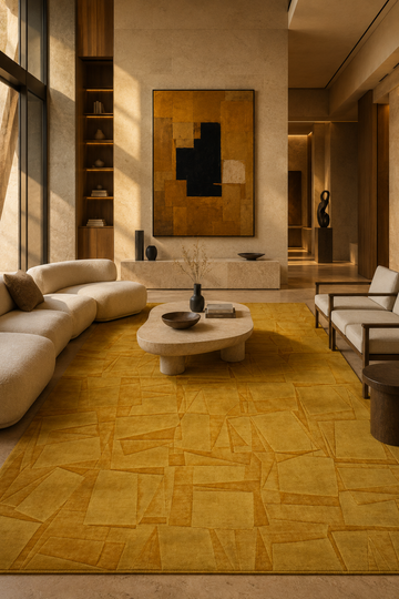 Golden Mosaic Rug in Handloom Viscose Tencel Bamboo displayed in a contemporary luxury living room featuring a handcrafted embossed geometric mosaic self-design.