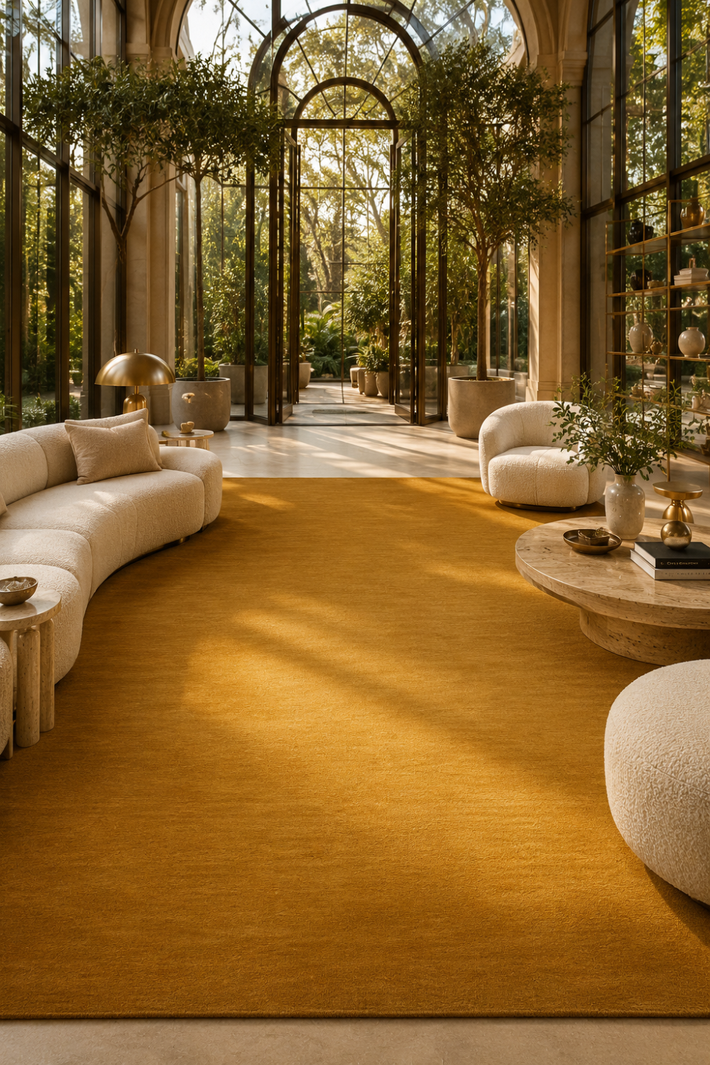 Golden Solstice luxury handloom New Zealand wool golden ombre area rug styled in a contemporary luxury living room with natural light and elegant interiors.